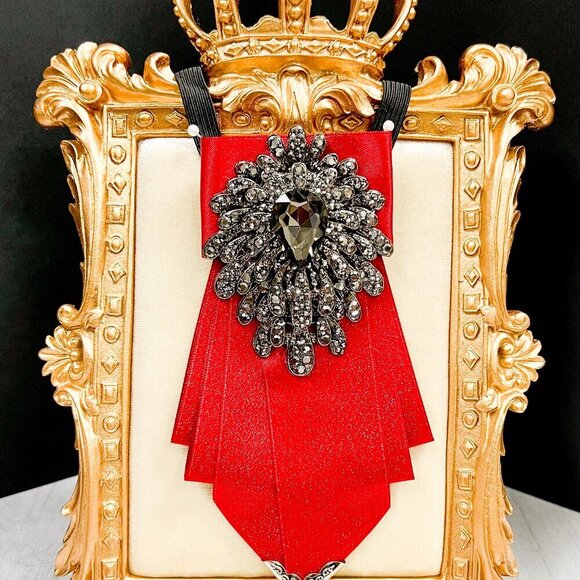 Red Bow Tie, Formal Event Necktie, Black Crystal Tie, Adjustable Necktie - Picture 1 of 8